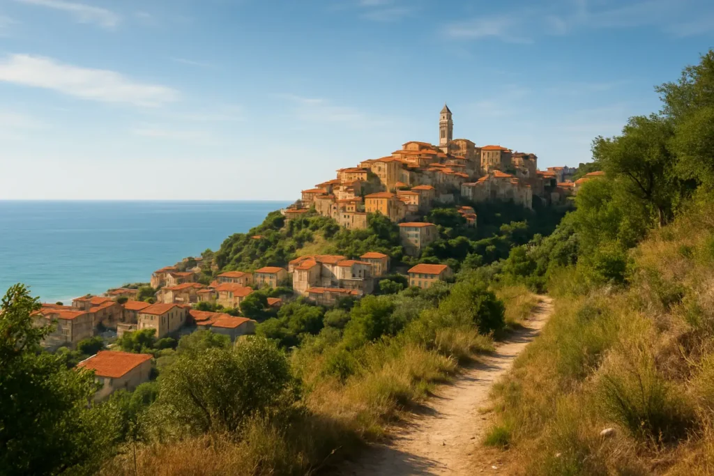 Vue de Ventimiglia avec sa vieille ville perchée et la mer en arrière-plan