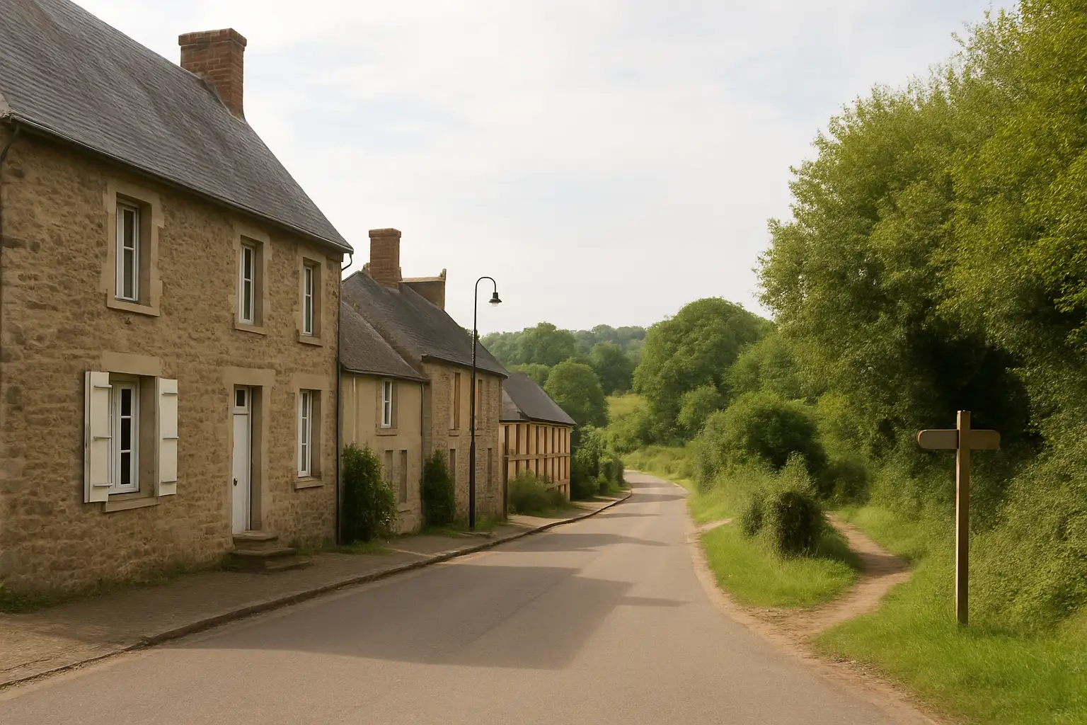 Vue de Villers-Bocage dans le Calvados avec une rue de bourg et des chemins du bocage normand
