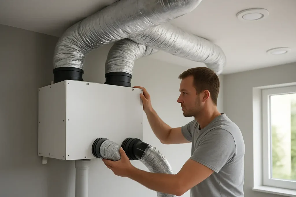 Installation d’une VMC double flux dans une maison avec caisson, gaines et bouches de ventilation