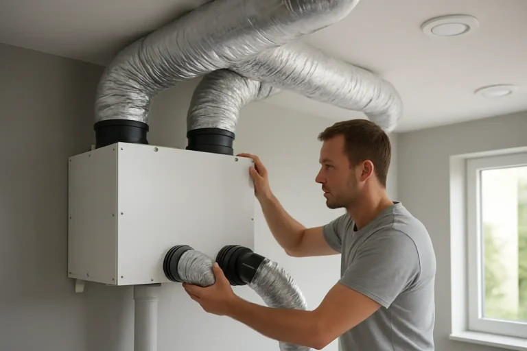 Installation d’une VMC double flux dans une maison avec caisson, gaines et bouches de ventilation