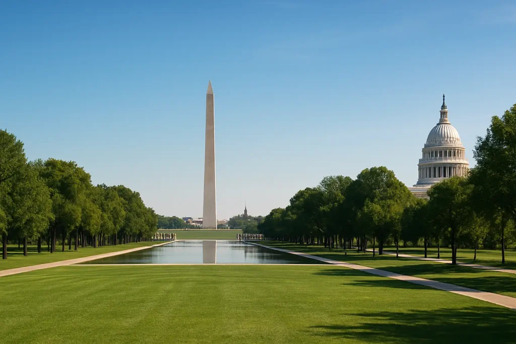 Vue panoramique du National Mall à Washington DC avec le Washington Monument et le Lincoln Memorial