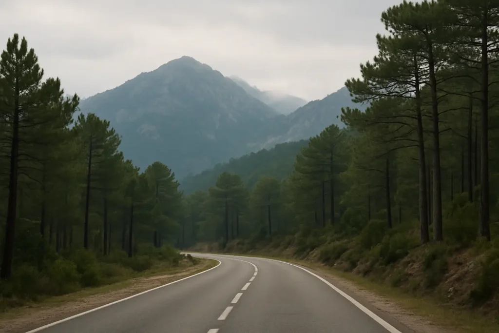 Vue réaliste du col de Vizzavona avec la RT20 et les reliefs montagneux