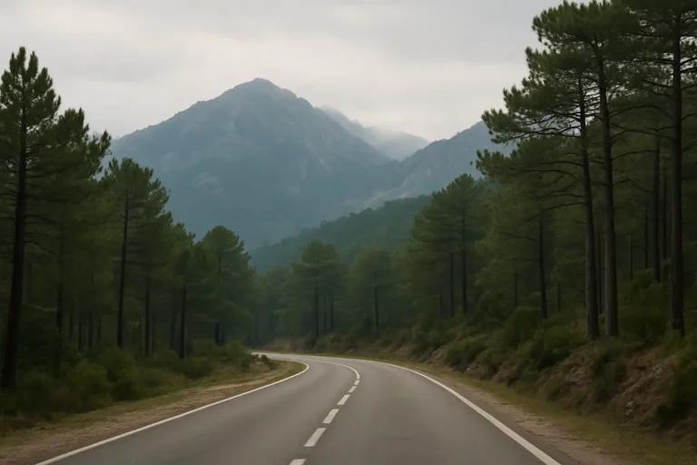 Vue réaliste du col de Vizzavona avec la RT20 et les reliefs montagneux