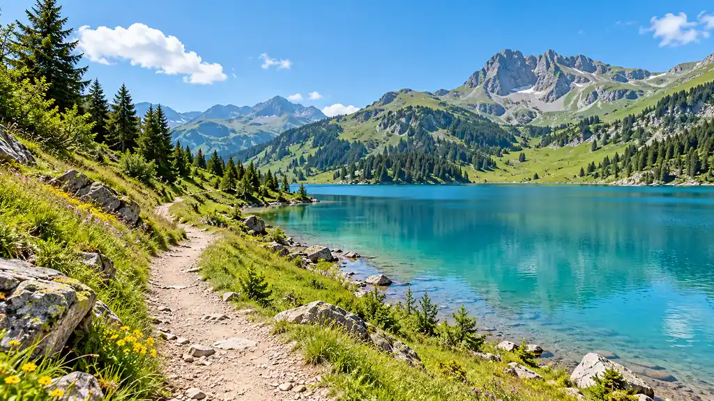 Sentier de randonnée au bord d’un lac turquoise dans les Alpes du Nord en été