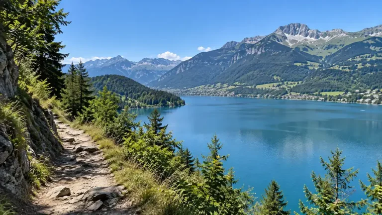 Sentier de randonnée au-dessus d’un lac alpin dans les Alpes du Nord en été