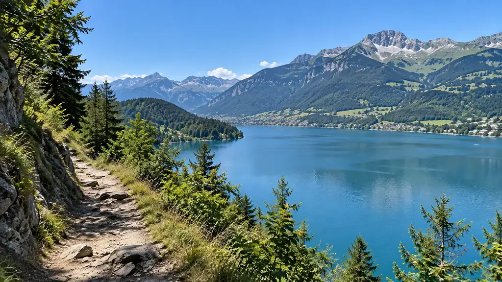 Sentier de randonnée au-dessus d’un lac alpin dans les Alpes du Nord en été