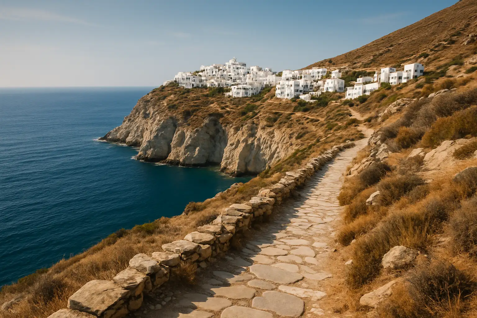 Sentier de randonnée à Amorgos avec vue sur les Cyclades et la mer Égée