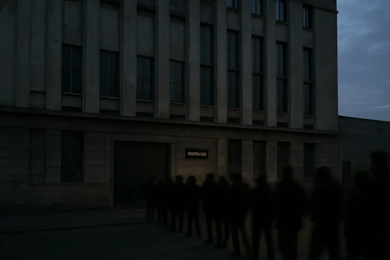 Façade extérieure du Berghain à Berlin au crépuscule, avec une file de silhouettes devant l’entrée