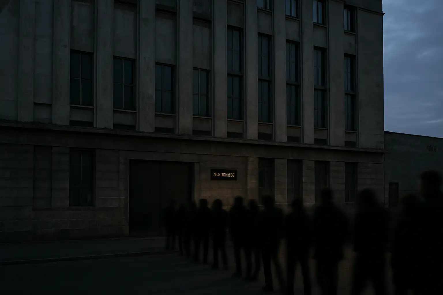 Façade extérieure du Berghain à Berlin au crépuscule, avec une file de silhouettes devant l’entrée