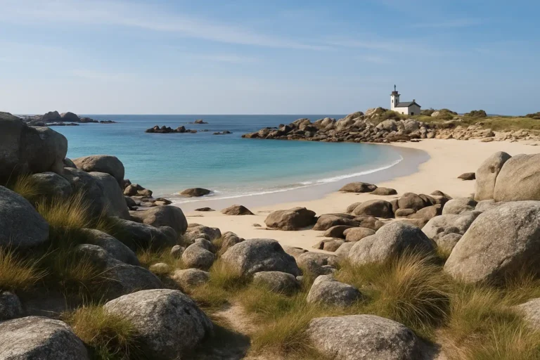 Vue de l’anse de Pontusval à Brignogan-Plages avec le phare au loin, vue depuis des rochers granitiques.