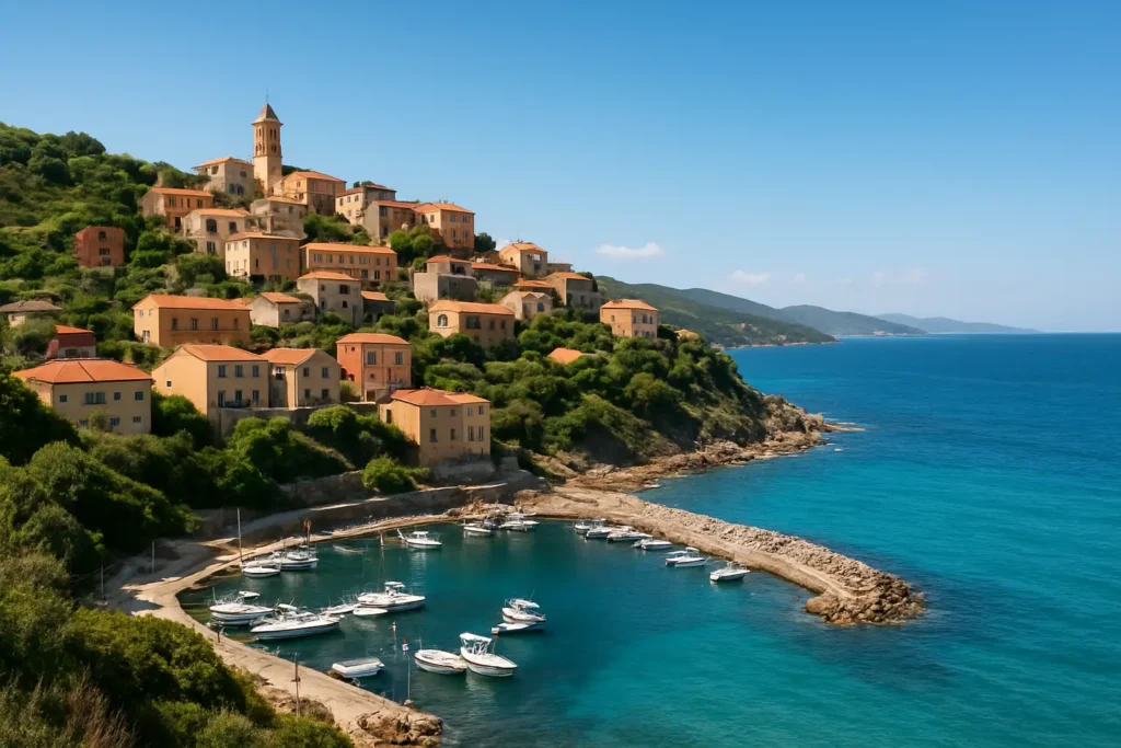 Vue de Cargèse en Corse avec le village, le port et la mer