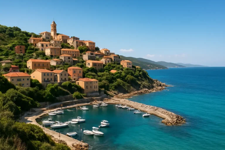 Vue de Cargèse en Corse avec le village, le port et la mer