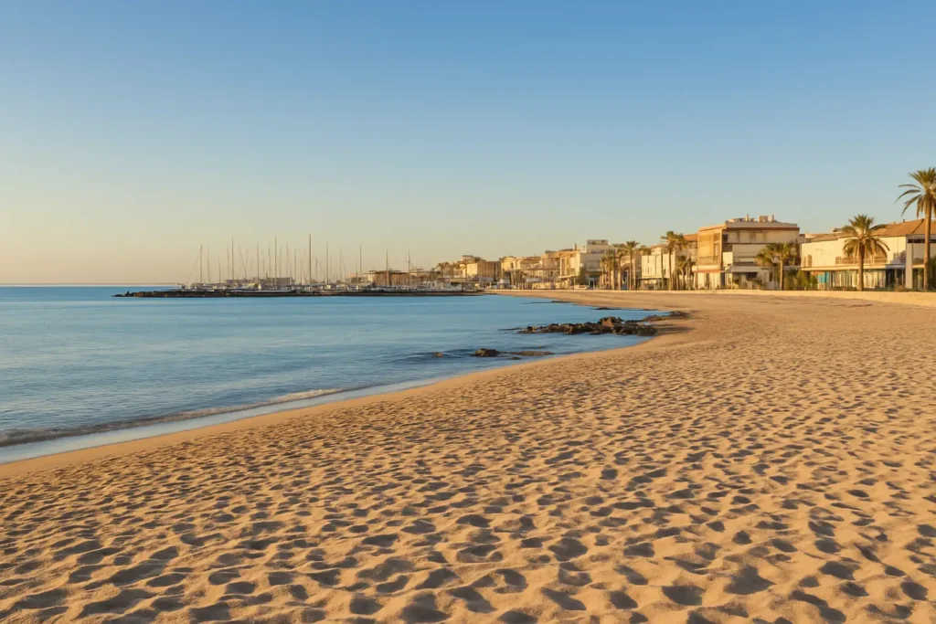 Vue large de la plage de Carnon Centre avec le port de plaisance en arrière-plan