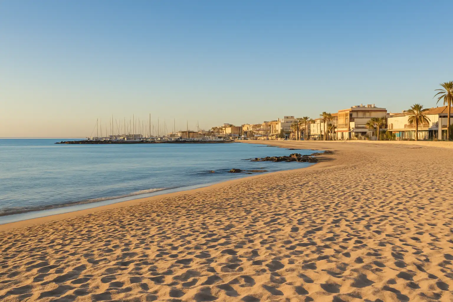 Vue large de la plage de Carnon Centre avec le port de plaisance en arrière-plan
