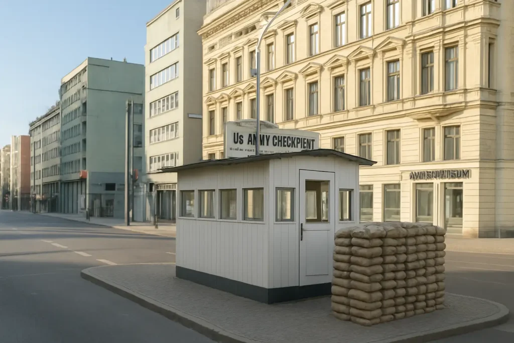 Checkpoint Charlie à Berlin avec la guérite reconstituée au premier plan et le Mauermuseum en arrière-plan