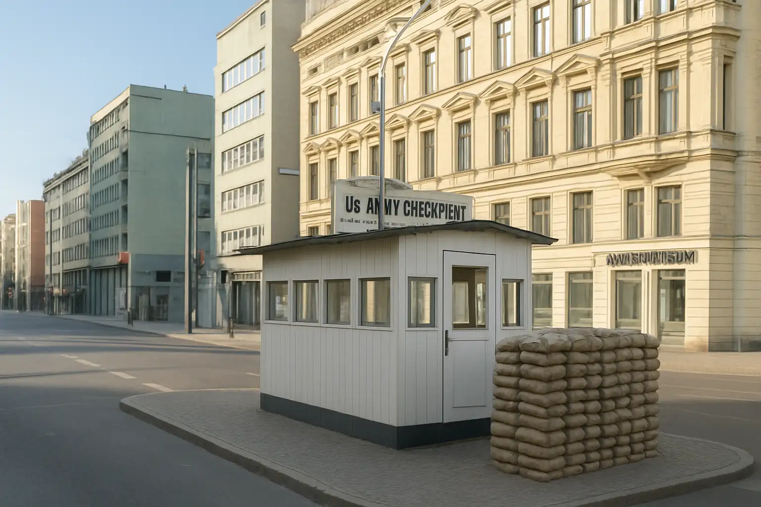 Checkpoint Charlie à Berlin avec la guérite reconstituée au premier plan et le Mauermuseum en arrière-plan