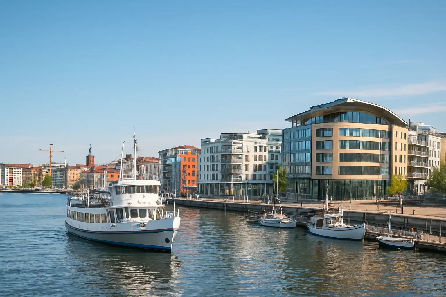Vue du port de Göteborg à Lilla Bommen avec le front d’eau et des bateaux