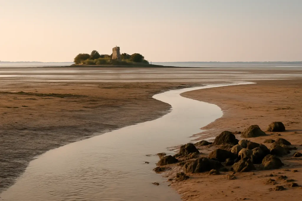 Vue de l’Île Madame à marée basse avec la passe aux Bœufs et l’estuaire de la Charente