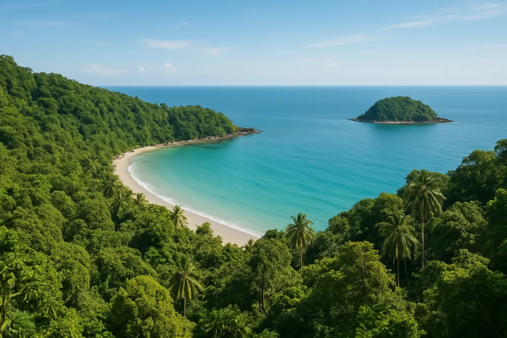 Vue panoramique depuis un viewpoint de Koh Chang montrant la jungle, une plage de sable clair et la mer turquoise.