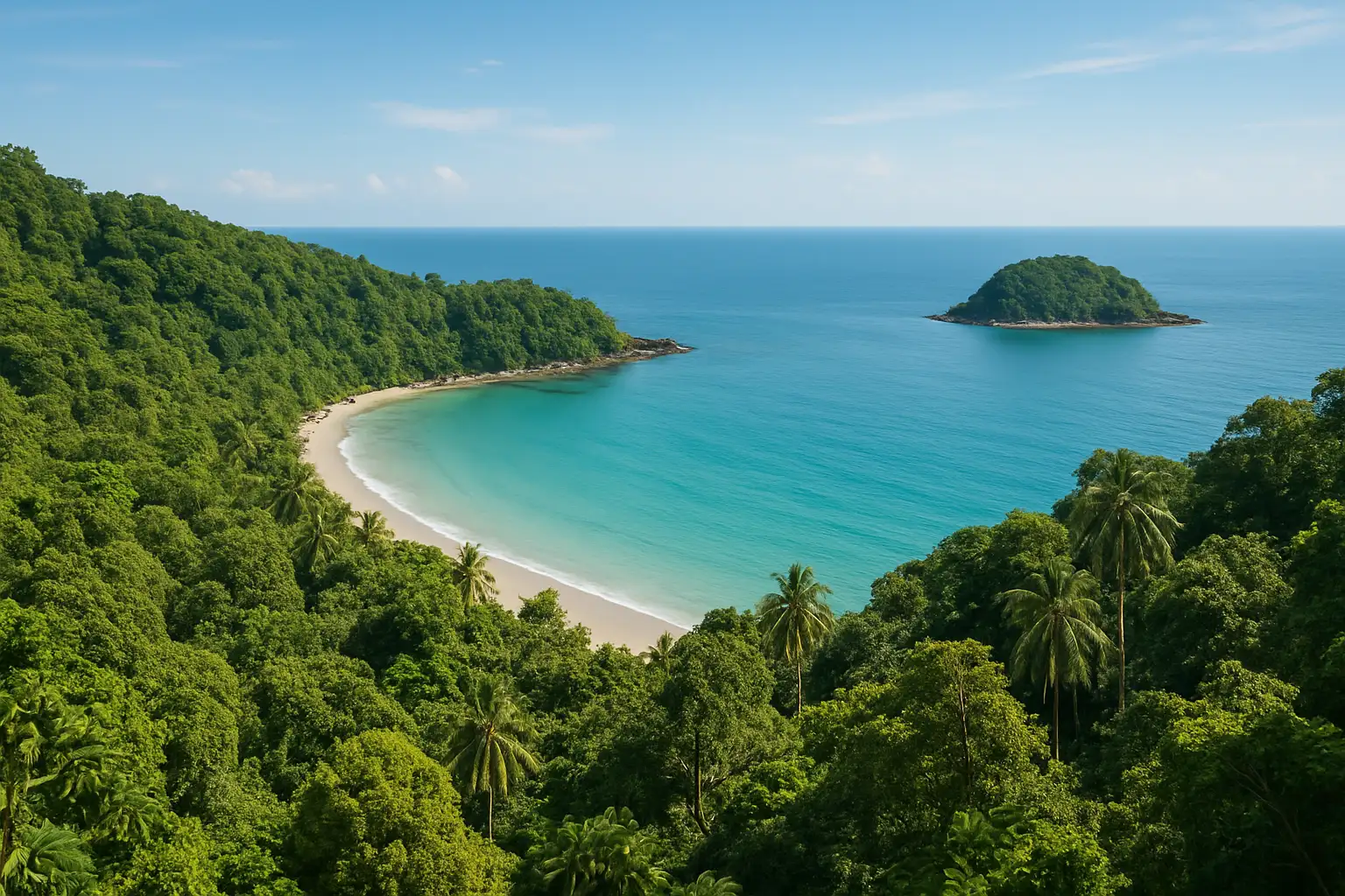 Vue panoramique depuis un viewpoint de Koh Chang montrant la jungle, une plage de sable clair et la mer turquoise.