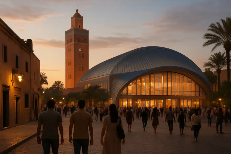 Visiteurs arrivant à un festival d’humour à Marrakech en soirée
