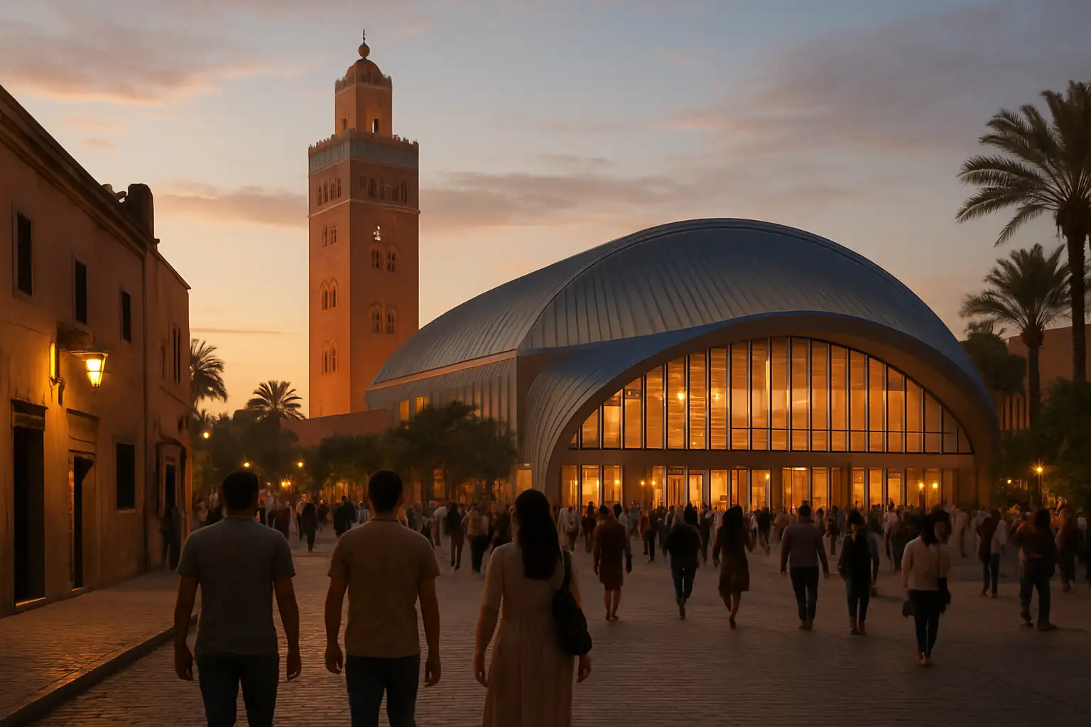 Visiteurs arrivant à un festival d’humour à Marrakech en soirée