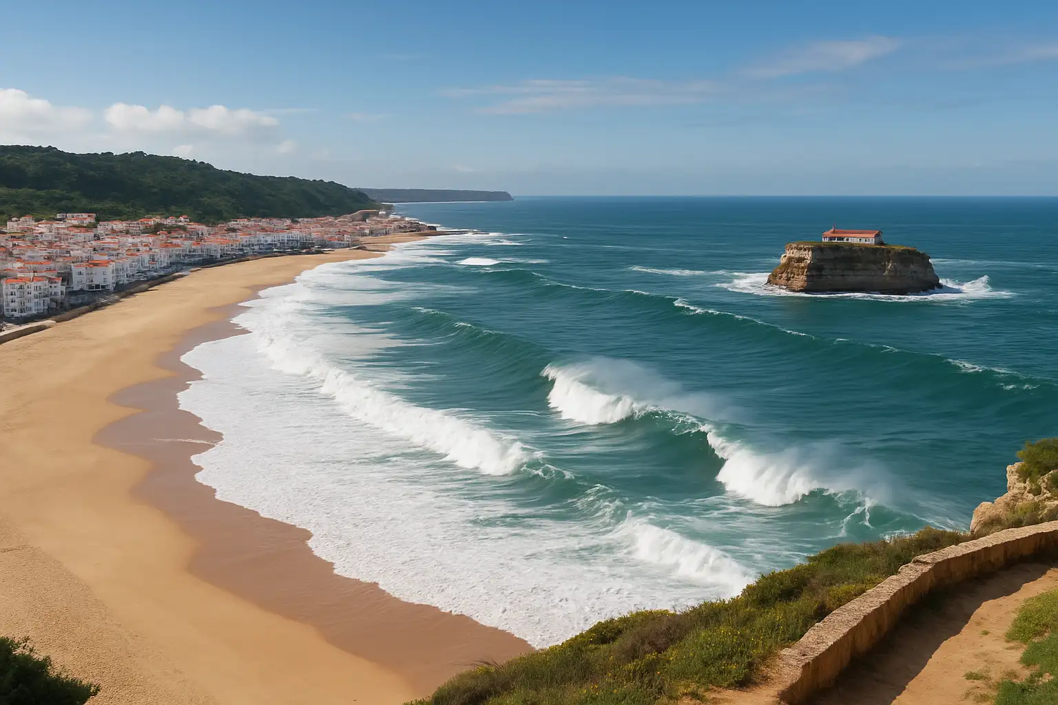 Vue panoramique de Nazaré au Portugal depuis le Sítio, avec Praia do Norte et l’océan au loin