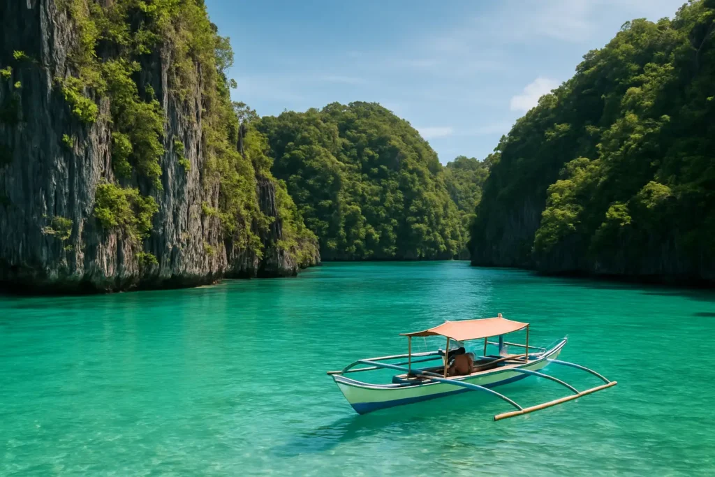 Lagon tropical de Palawan avec falaises calcaires et bateau d’island hopping