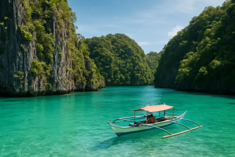 Lagon tropical de Palawan avec falaises calcaires et bateau d’island hopping