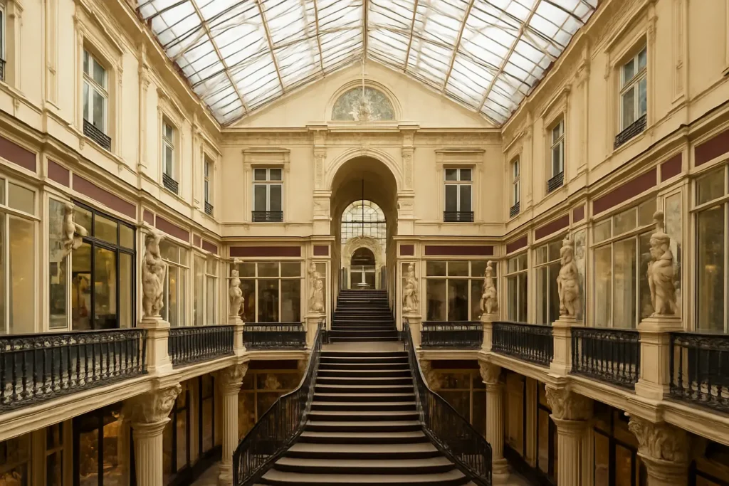 Intérieur du Passage Pommeraye à Nantes avec la verrière et le grand escalier central