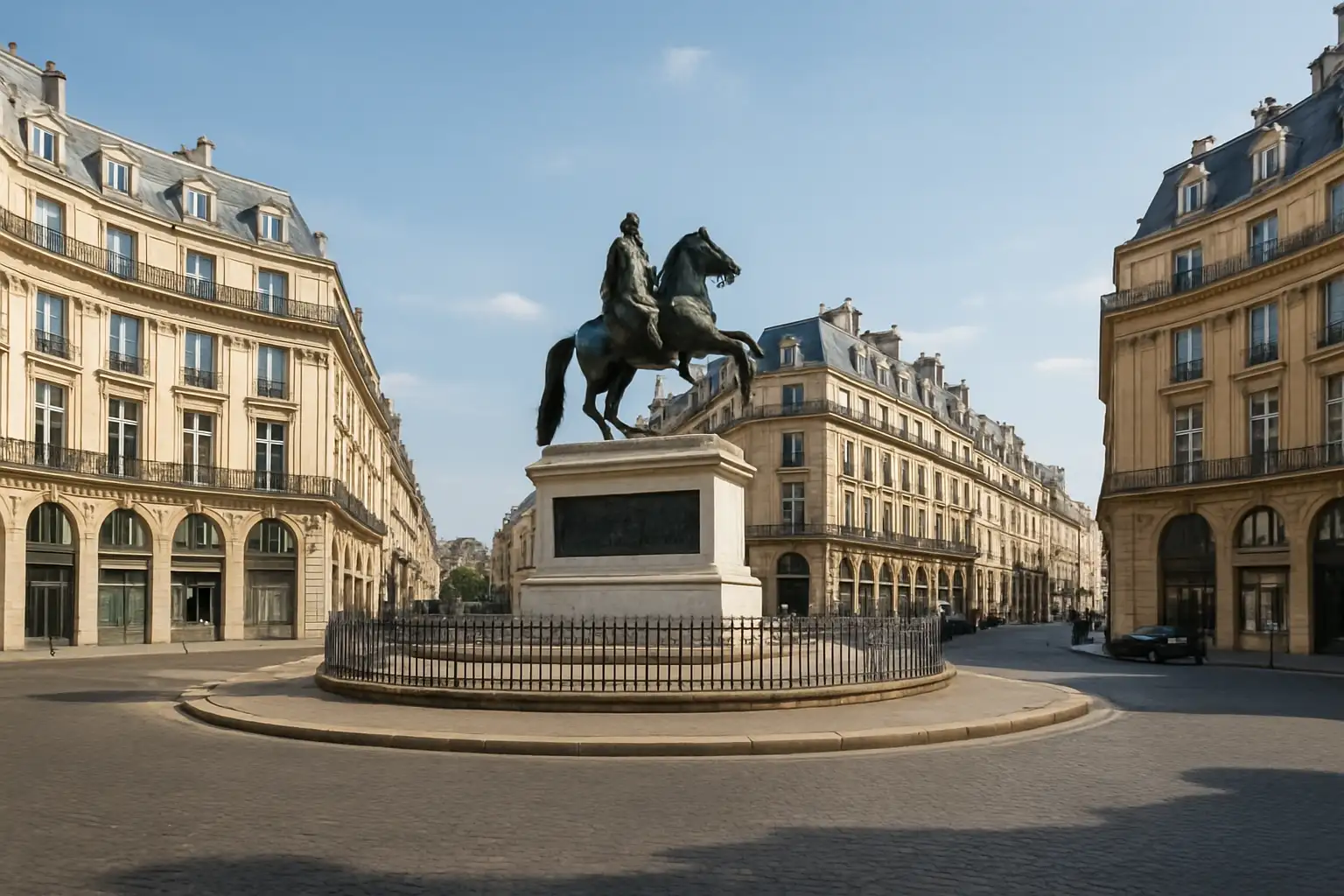 La Place des Victoires à Paris avec la statue équestre de Louis XIV et ses façades circulaires