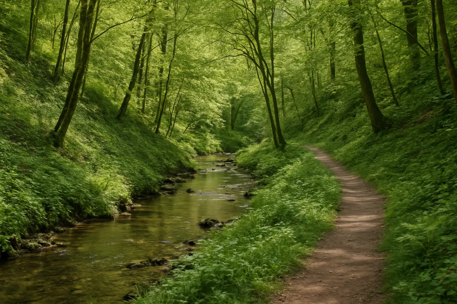 Sentier de randonnée au Puits d’Enfer dans un vallon boisé des Deux-Sèvres