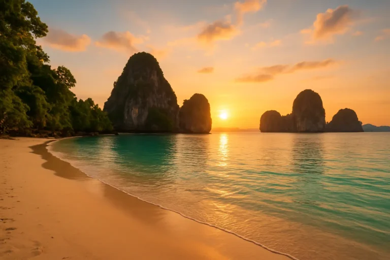 Plage tropicale côté Andaman en Thaïlande au coucher du soleil, avec eau turquoise et rochers karstiques.