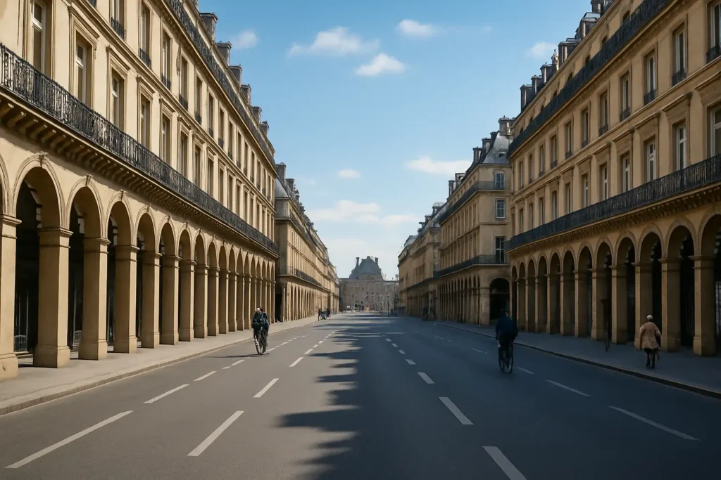 La rue de Rivoli à Paris avec ses arcades et ses façades historiques, entre promenade piétonne et piste cyclable.