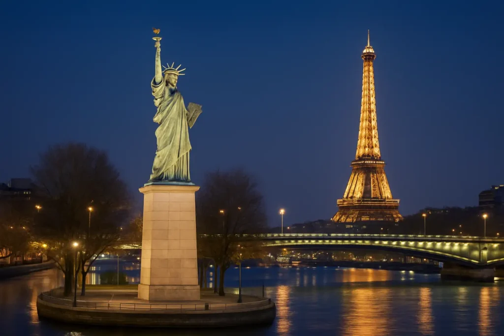 La statue de la Liberté sur l’Île aux Cygnes à Paris, vue depuis la Seine