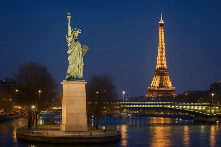 La statue de la Liberté sur l’Île aux Cygnes à Paris, vue depuis la Seine