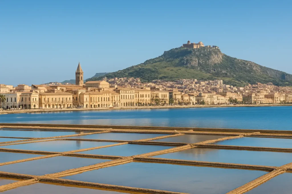 Trapani en Sicile avec ses salines, son front de mer et Erice en arrière-plan