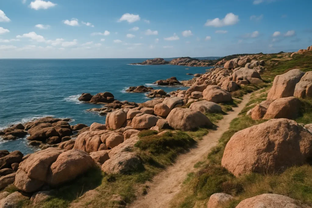 Vue panoramique du sentier côtier à Trébeurden depuis la pointe de Bihit, avec rochers de granit rose et mer au loin