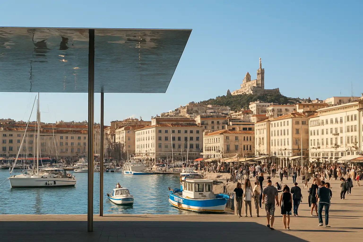 Le Vieux-Port de Marseille avec l’Ombrière, les bateaux et Notre-Dame-de-la-Garde en arrière-plan