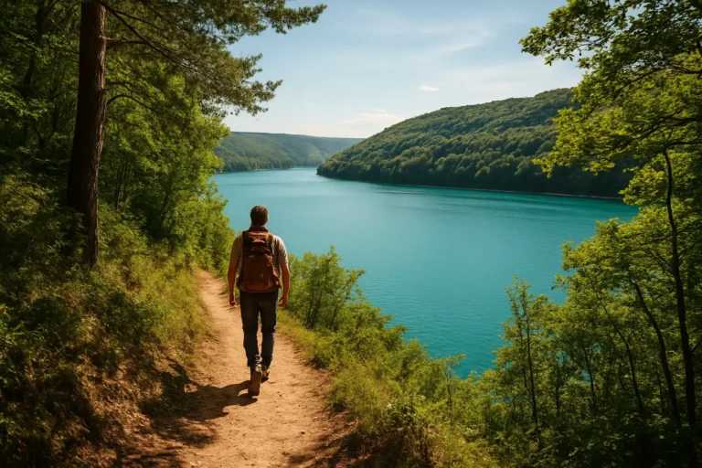 Sentier de randonnée en hauteur avec vue sur le lac de Vouglans dans le Jura