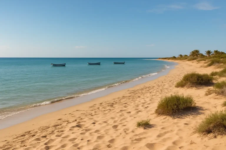 Vue panoramique de la côte de Zarzis en Tunisie avec plage et mer calme