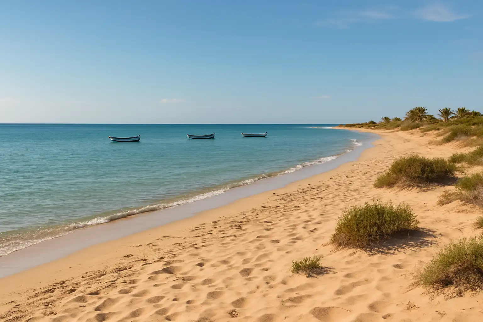 Vue panoramique de la côte de Zarzis en Tunisie avec plage et mer calme