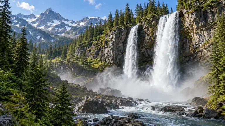 Cascade du Rouget en double chute dans une paroi rocheuse boisée à Sixt-Fer-à-Cheval