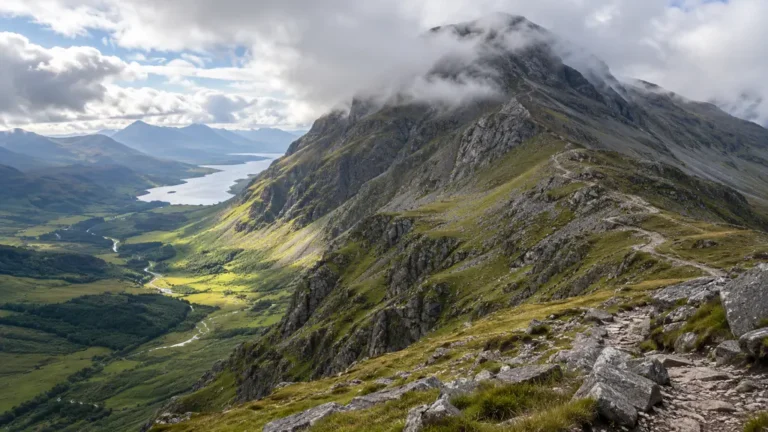 Sentier du Ben Nevis serpentant sur les pentes au-dessus de Glen Nevis